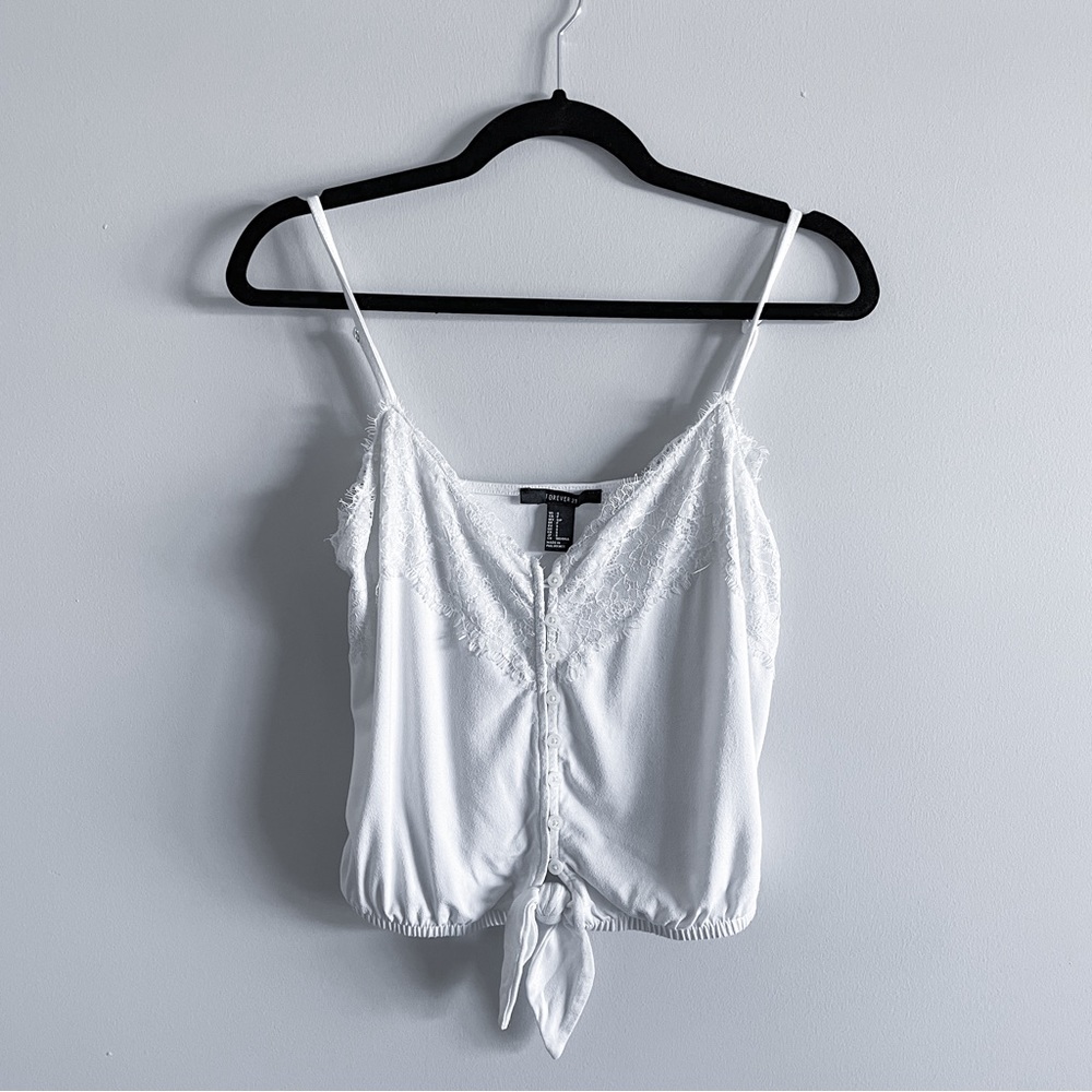 Forever 21 . White Lace Detail . Tie Front . Tank Top . Size S
